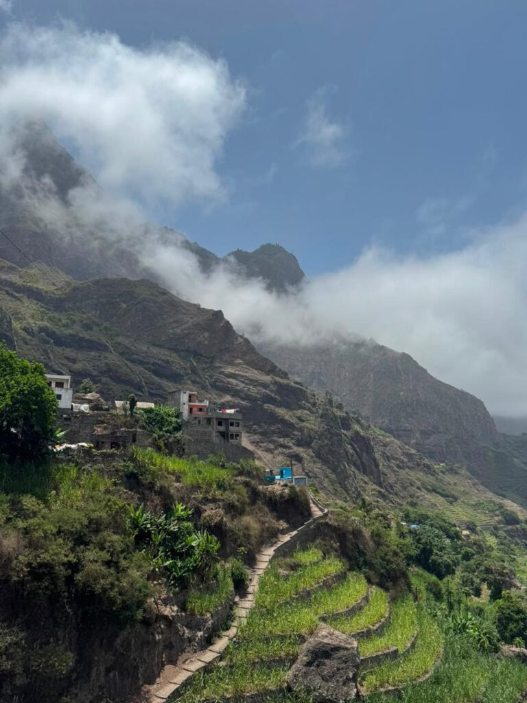 Ribeira Grande in Santo Antão Island, Cape Verde, surrounded by dramatic mountains, lush green valleys and traditional Cape Verdean architecture.
